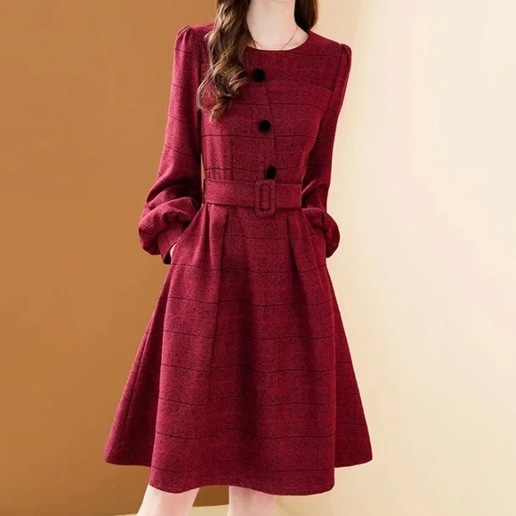 navy blue dress for baby girl Retro Plaid Wool Midi Dress – A-Line Silhouette for Fall Style – 5303 –  Xiaolizi